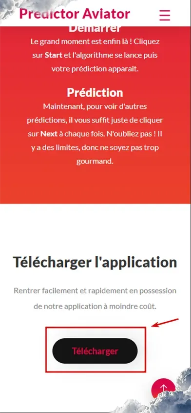 Tela promocional 'Predictor Aviator' com instruções de uso, aviso sobre previsões e convite para baixar o app.