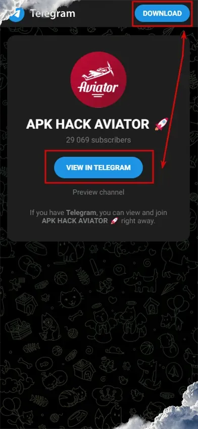 Captura de tela do Telegram promovendo 'APK HACK AVIATOR', com botão para visualizar no app. Fundo escuro com ícones diversos.
