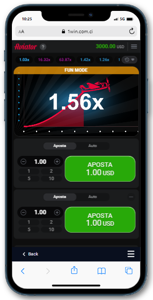 Um telefone celular exibindo uma interface do modo de demonstração Aviator